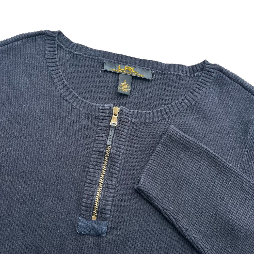 Lauren Ralph Lauren Womens S Black Ribbed Cotton Gold 1/4 Zip Sweater Y2K Preppy
